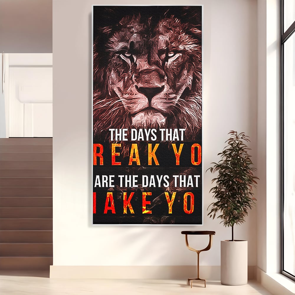Tablou canvas cu tablou canvas cu leu si mesaj motivational, in rama de aluminiu argintiu